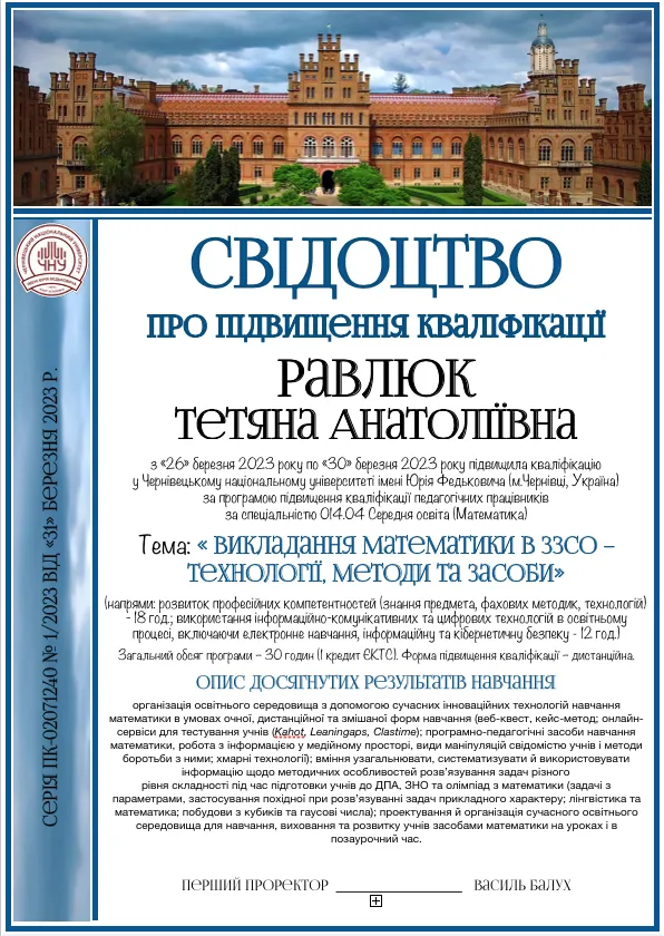 Зразок свідоцтва про підвищення кваліфікації